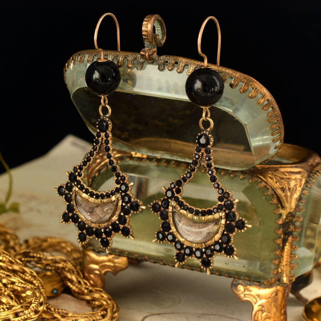 Georgian 15ct Yellow Gold Faceted Onyx Mourning Hair Earrings Circa 1820