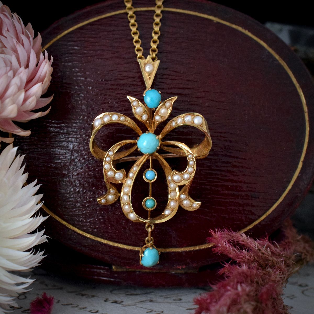 Superb Antique Australian 15ct Gold Turquoise Seed Pearl Pendant/Brooch Willis and Sons