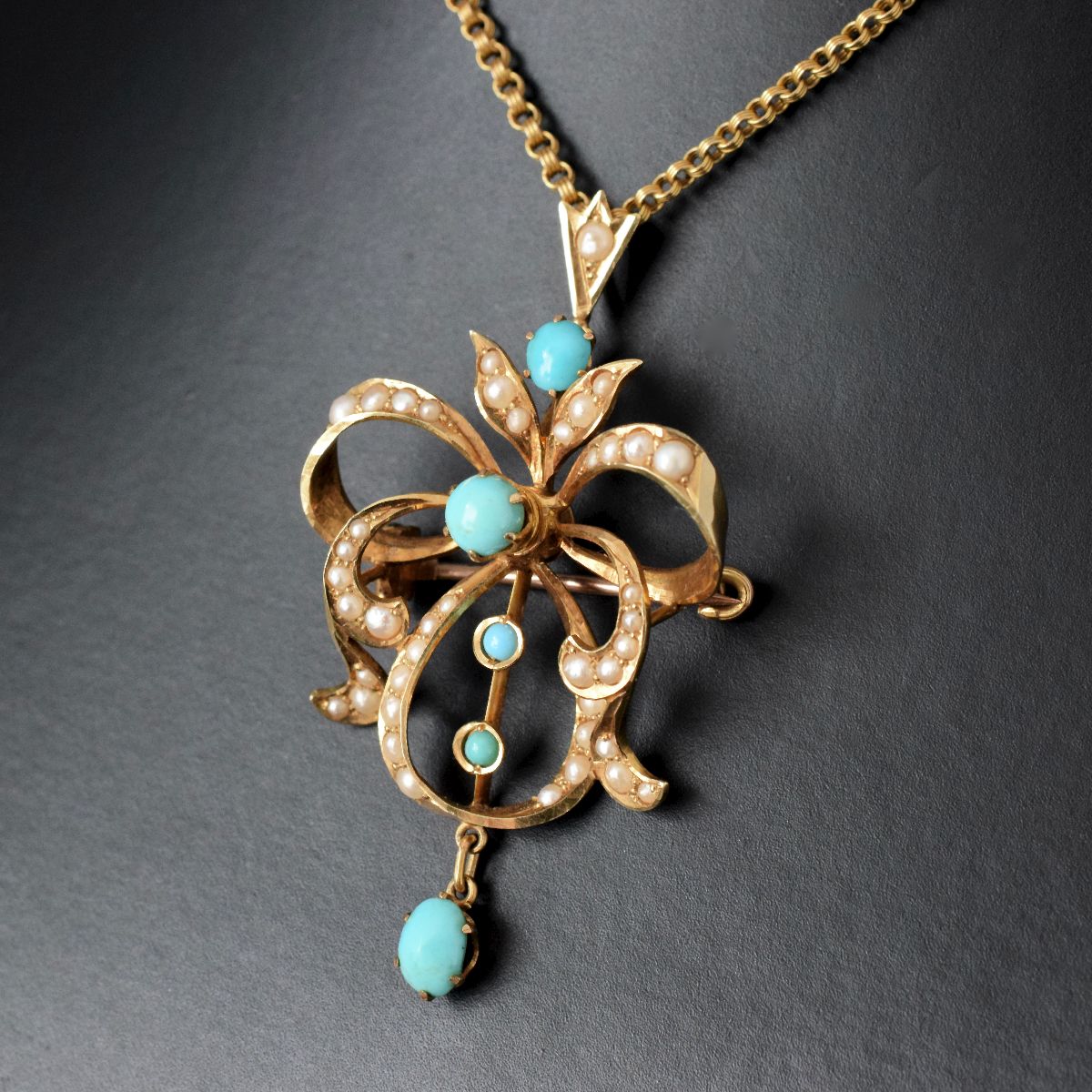 Superb Antique Australian 15ct Gold Turquoise Seed Pearl Pendant/Brooch Willis and Sons