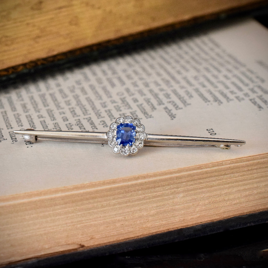 Antique Art Deco ‘Cornflower Blue’ Ceylon Sapphire And Diamond Bar Brooch