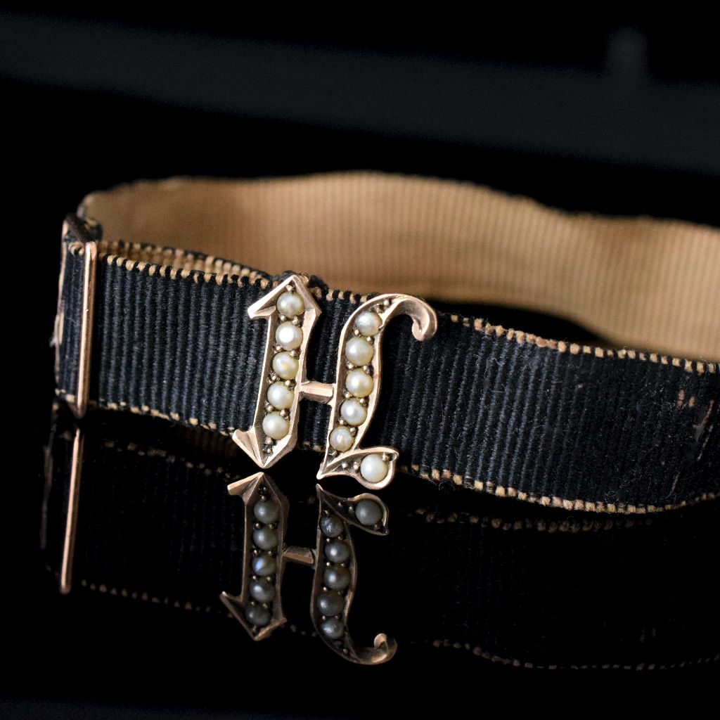 Victorian 9ct Rose Gold Seed Pearl Initial Mourning Bracelet Grosgrain Band