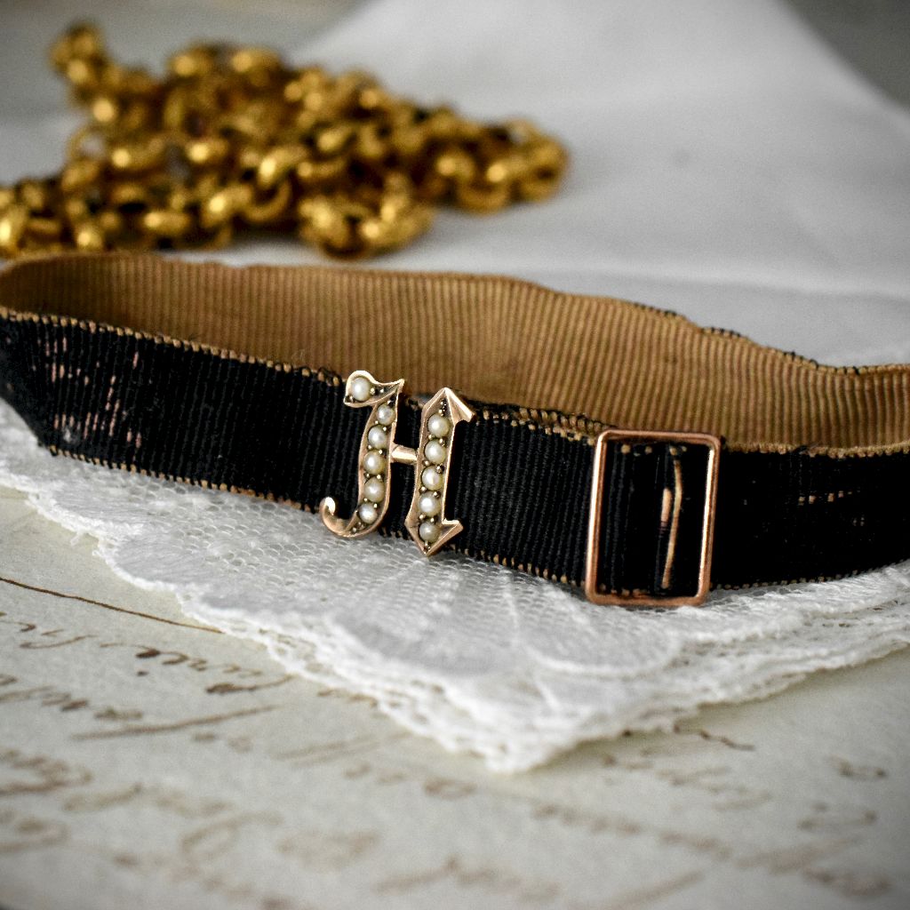 Victorian 9ct Rose Gold Seed Pearl Initial Mourning Bracelet Grosgrain Band