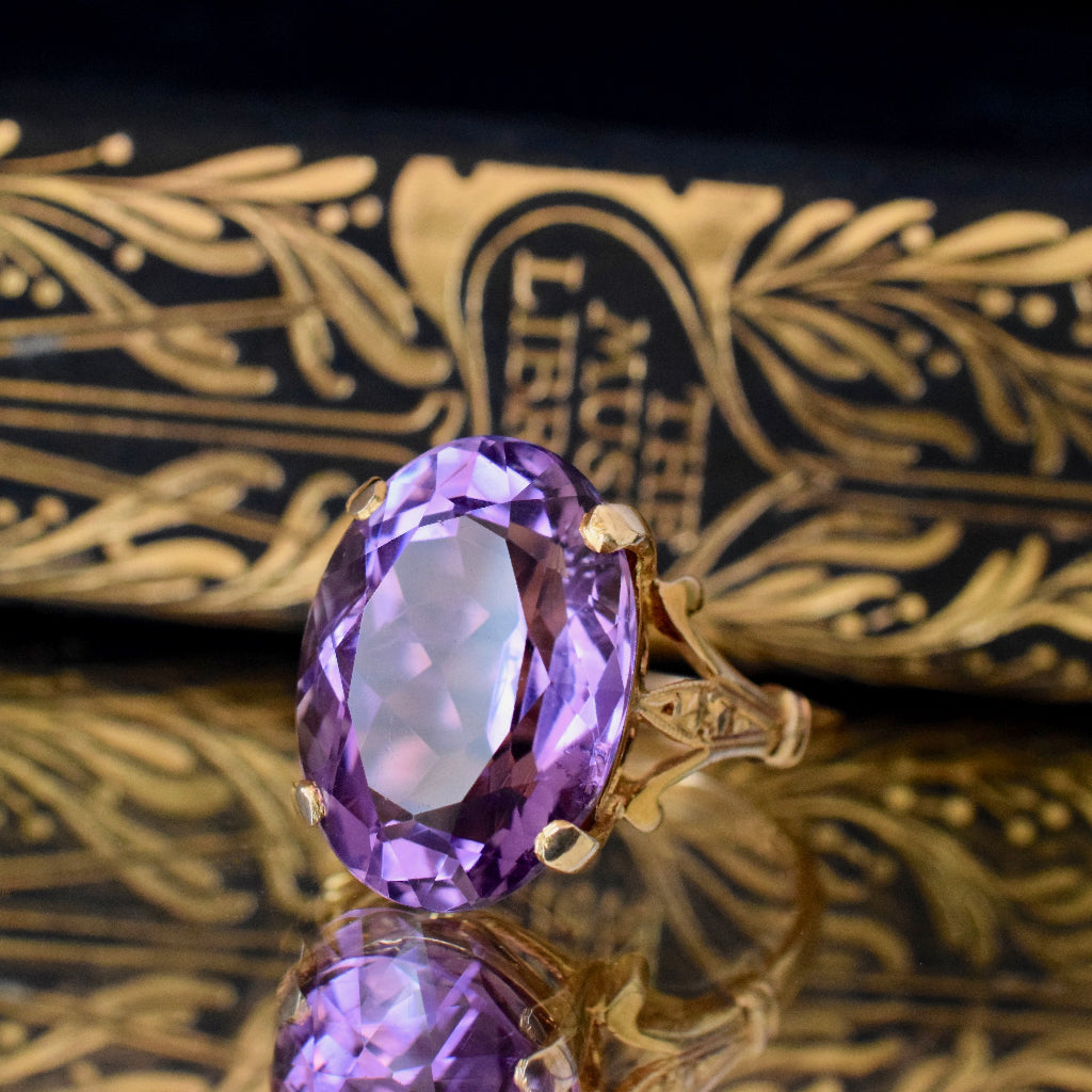 Vintage Large Oval Faceted Amethyst 9ct Yellow Gold British Hallmarks 1963