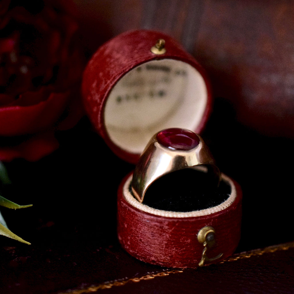Vintage Large 9ct Yellow Gold Synthetic Ruby Signet Ring Circa 1950’s