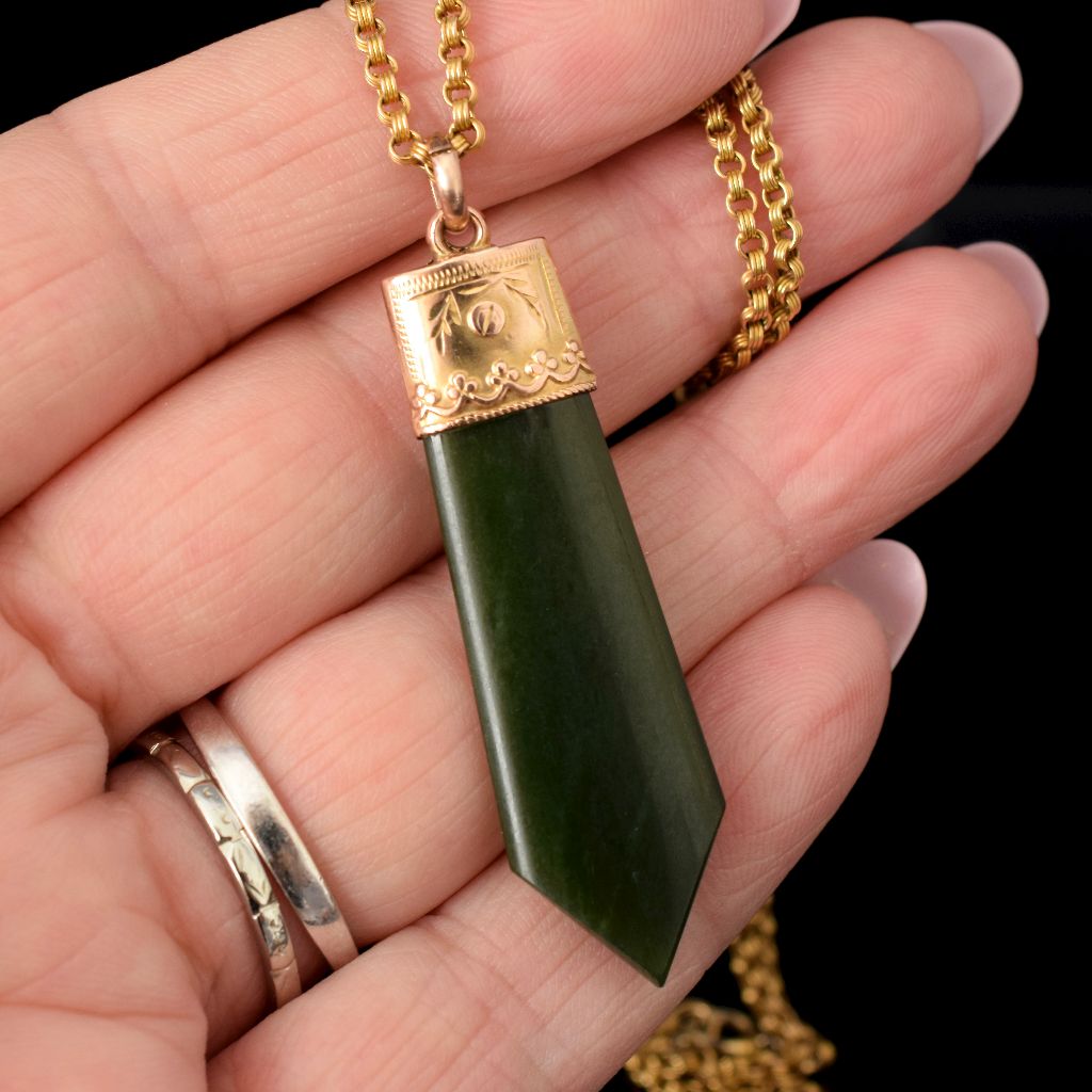 Antique Australian 9ct Rose Gold Nephrite Jade ‘Pounamu’ By Willis & Sons Circa 1905