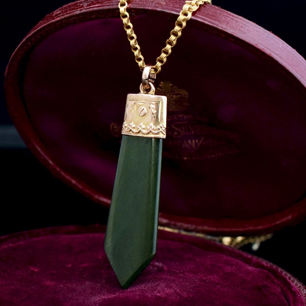 Antique Australian 9ct Rose Gold Nephrite Jade ‘Pounamu’ By Willis & Sons Circa 1905