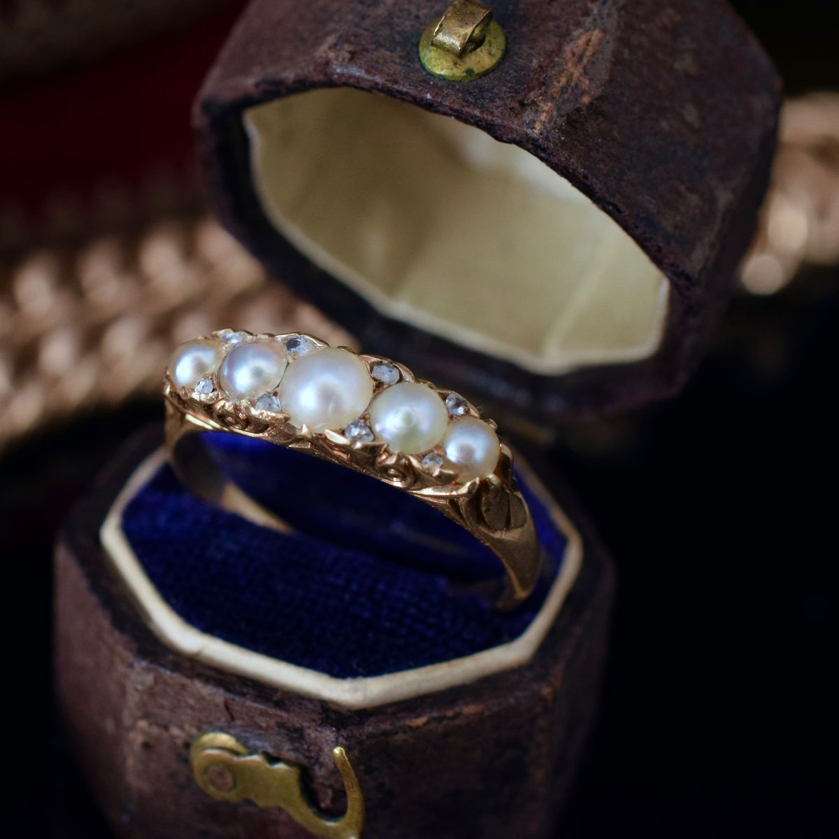 Antique Victorian 18ct Gold Pearl Diamond Half Hoop Ring Circa 1900