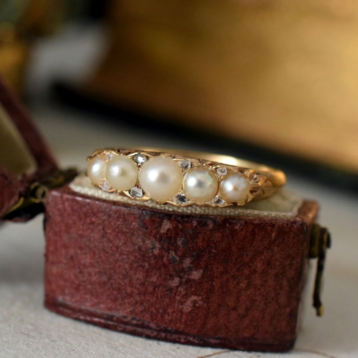 Antique Victorian 18ct Gold Pearl Diamond Half Hoop Ring Circa 1900