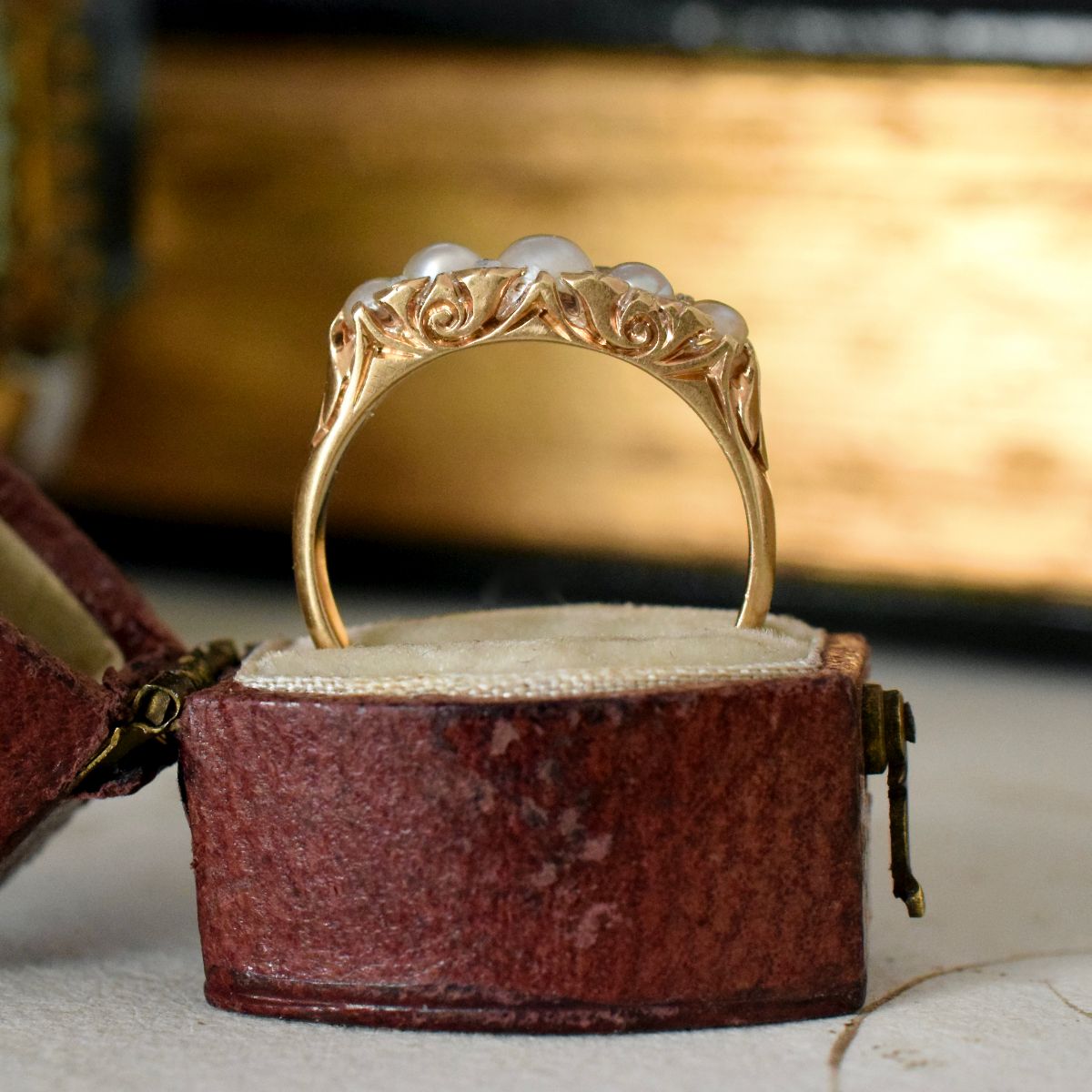 Antique Victorian 18ct Gold Pearl Diamond Half Hoop Ring Circa 1900
