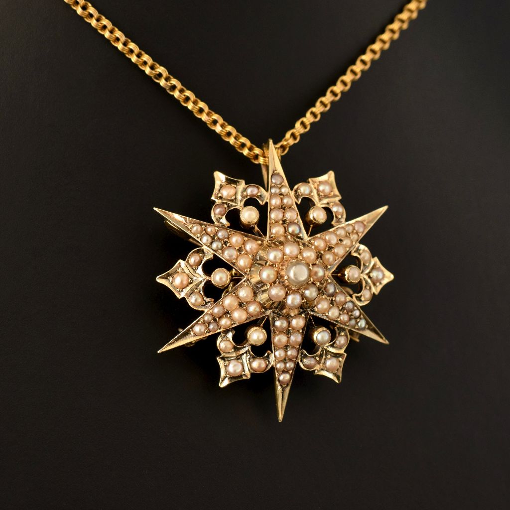 Antique Victorian Australian 15ct Yellow Gold Seed Pearl Starburst Brooch/Pendant By Duggin And Shappere Circa 1890