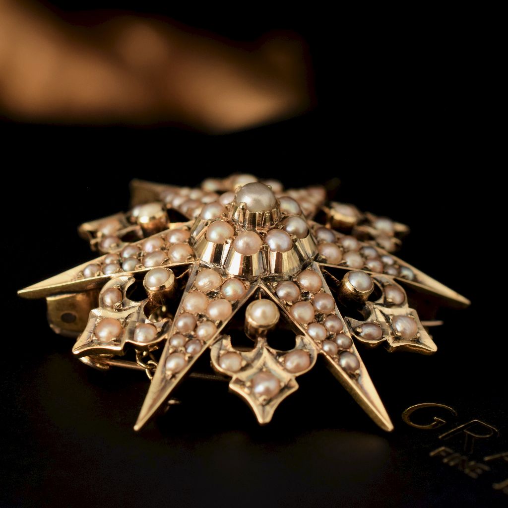 Antique Victorian Australian 15ct Yellow Gold Seed Pearl Starburst Brooch/Pendant By Duggin And Shappere Circa 1890