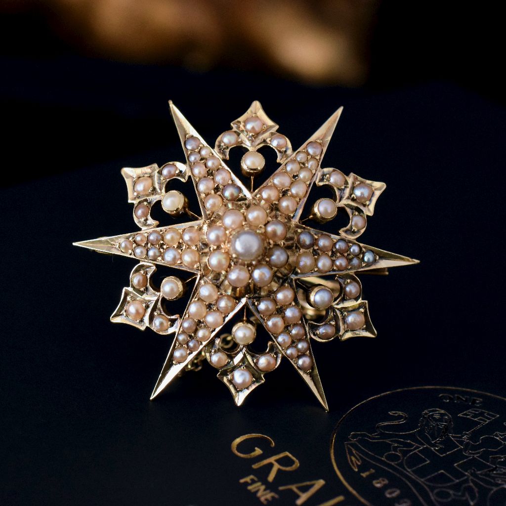 Antique Victorian Australian 15ct Yellow Gold Seed Pearl Starburst Brooch/Pendant By Duggin And Shappere Circa 1890