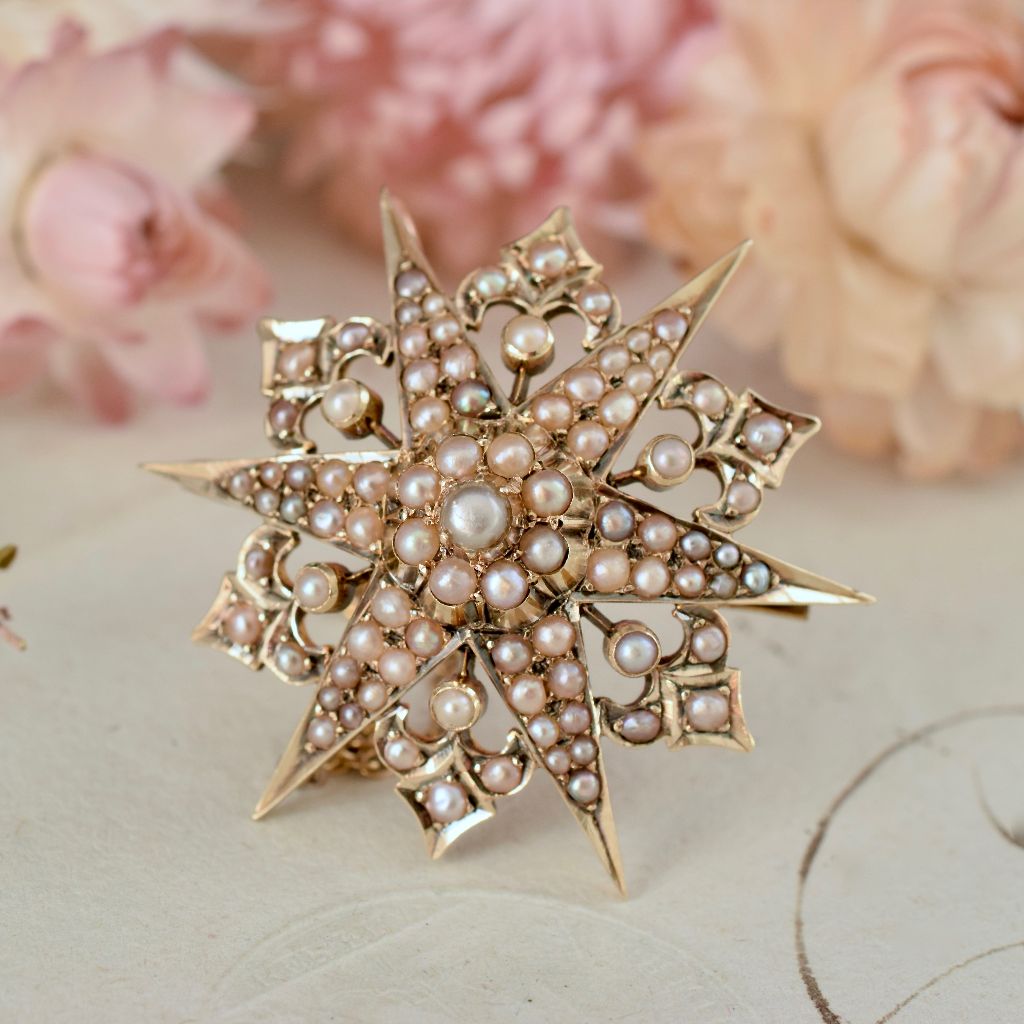 Antique Victorian Australian 15ct Yellow Gold Seed Pearl Starburst Brooch/Pendant By Duggin And Shappere Circa 1890