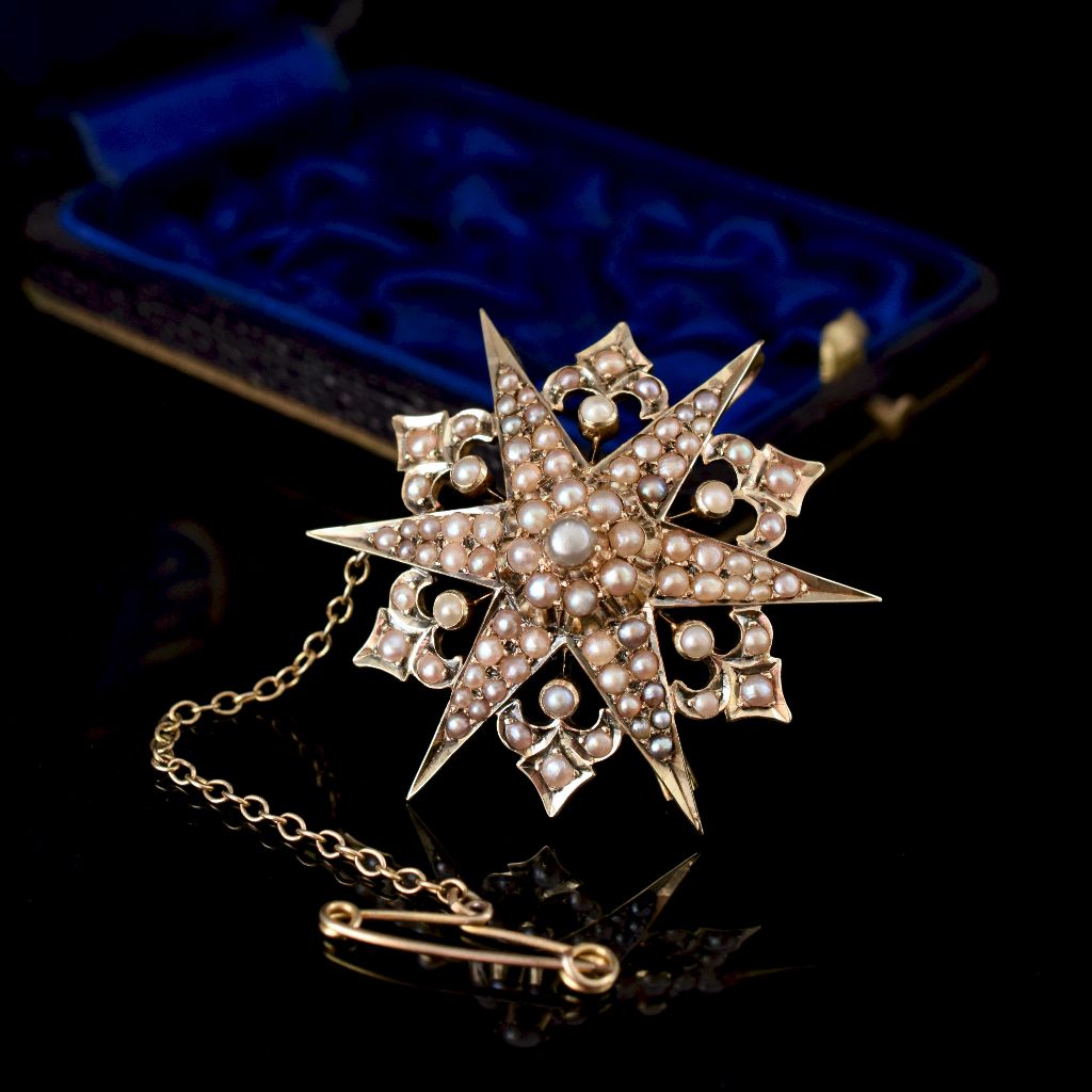Antique Victorian Australian 15ct Yellow Gold Seed Pearl Starburst Brooch/Pendant By Duggin And Shappere Circa 1890