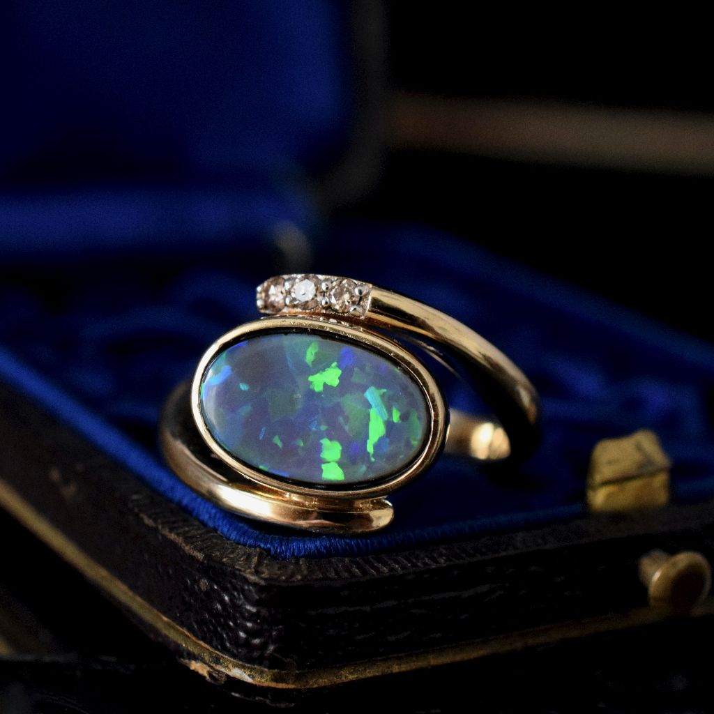 Heavy 9ct Yellow Gold Opal Doublet Diamond Ring