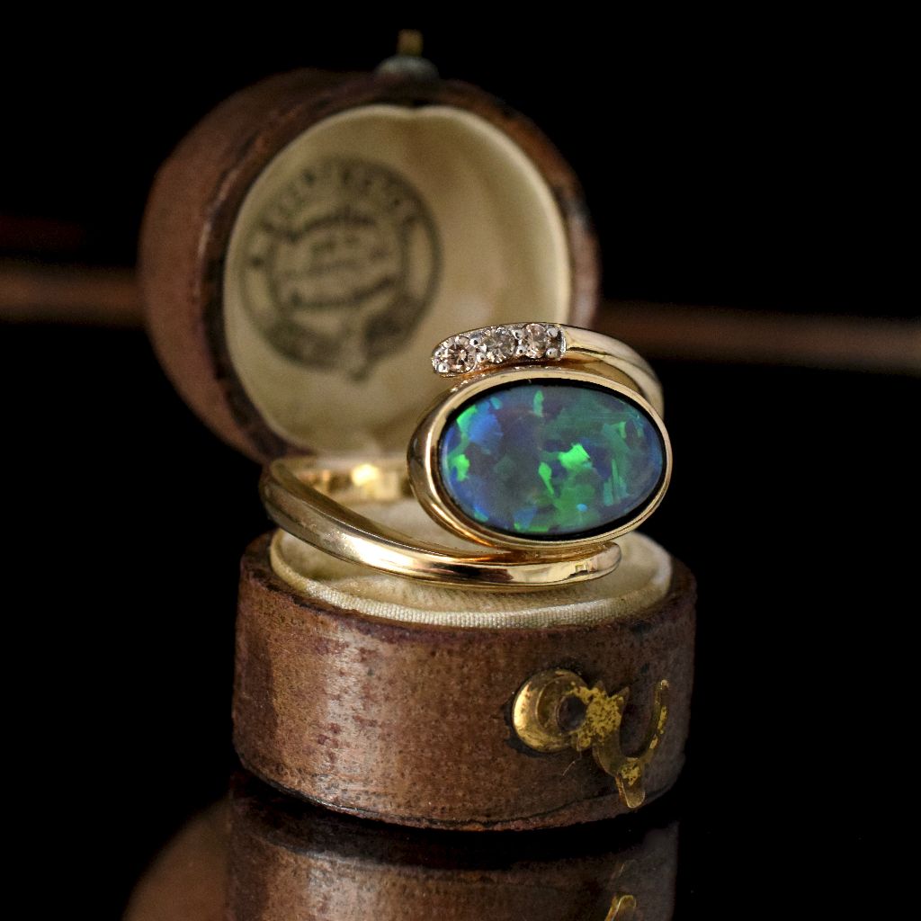 Heavy 9ct Yellow Gold Opal Doublet Diamond Ring