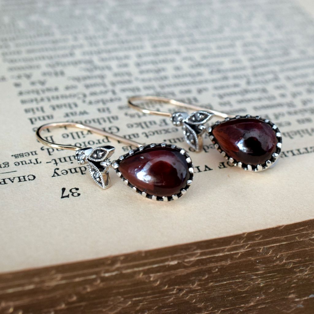 Modern Victorian Revival 9ct / Silver Cabochon Garnet Diamond Earrings