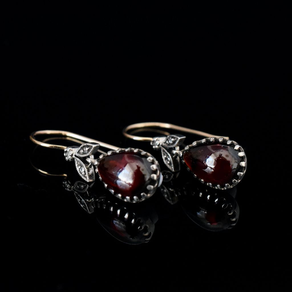 Modern Victorian Revival 9ct / Silver Cabochon Garnet Diamond Earrings