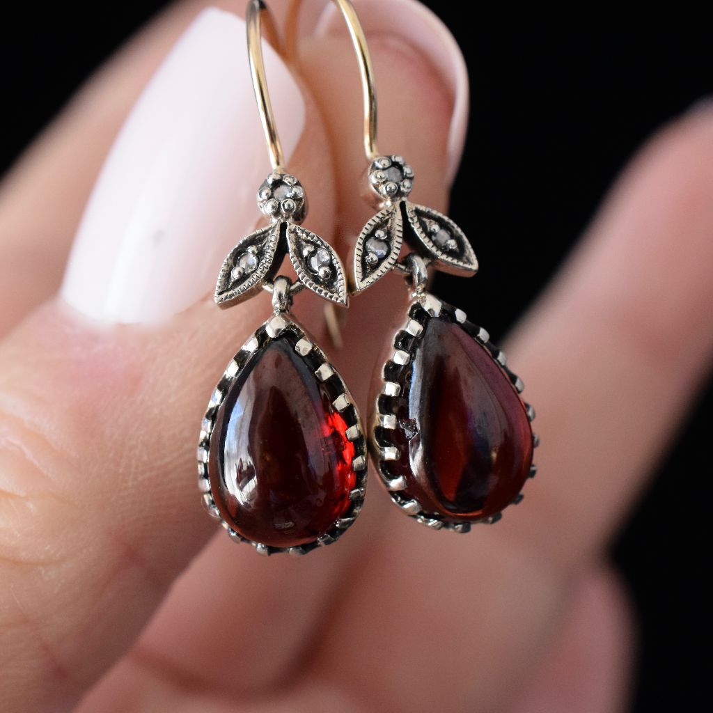 Modern Victorian Revival 9ct / Silver Cabochon Garnet Diamond Earrings