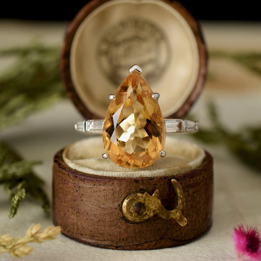 Modern 14ct White Gold Pear-Shape Citrine Diamond Ring