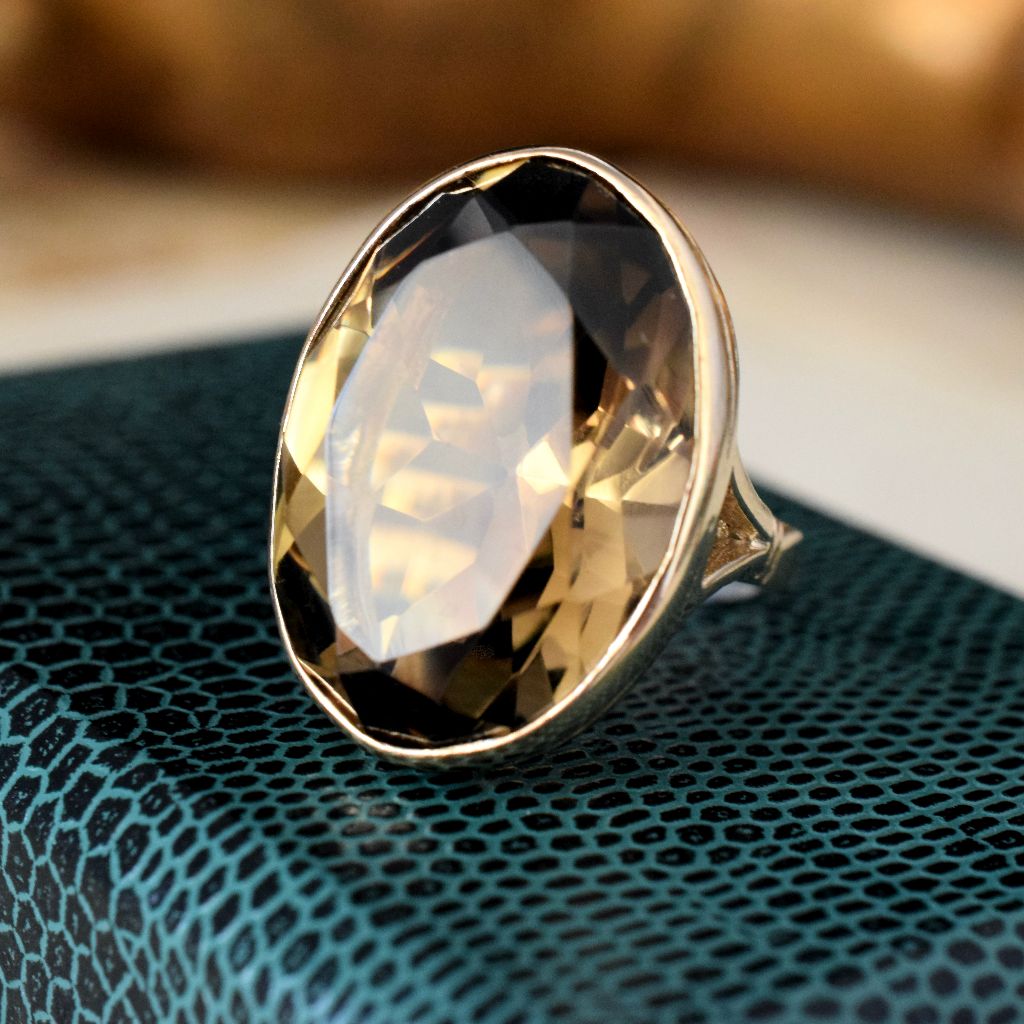 Vintage Huge 26ct Smoky Quartz 9ct Yellow Gold Ring