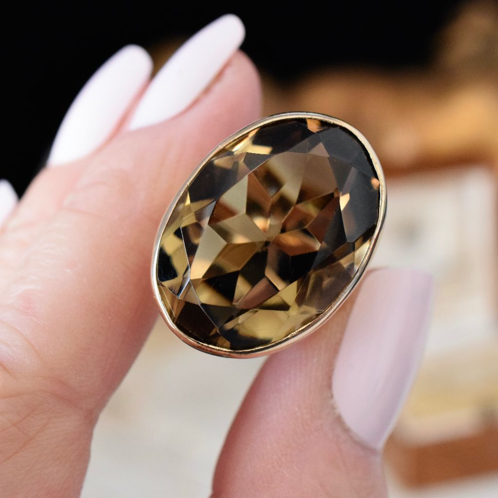 Vintage Huge 26ct Smoky Quartz 9ct Yellow Gold Ring