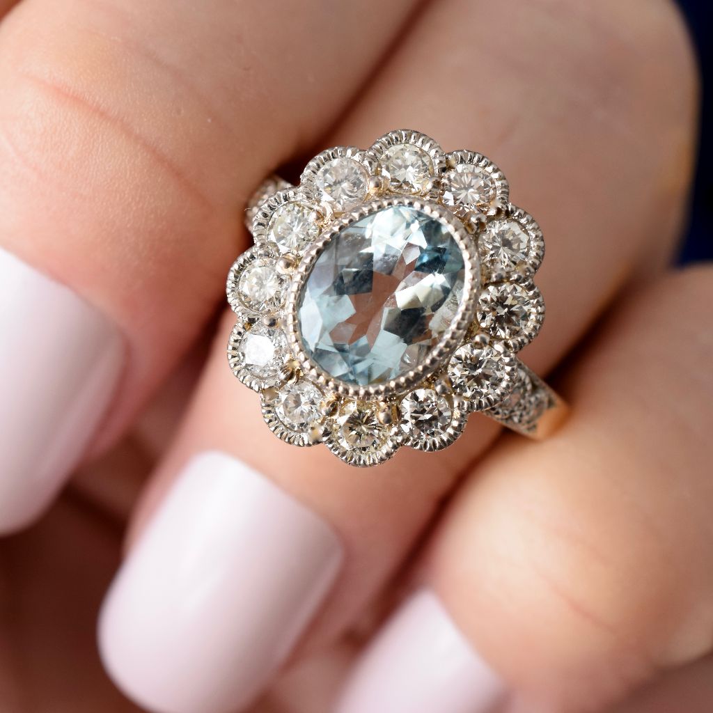 Modern 18ct Yellow Gold Aquamarine Diamond Halo Ring