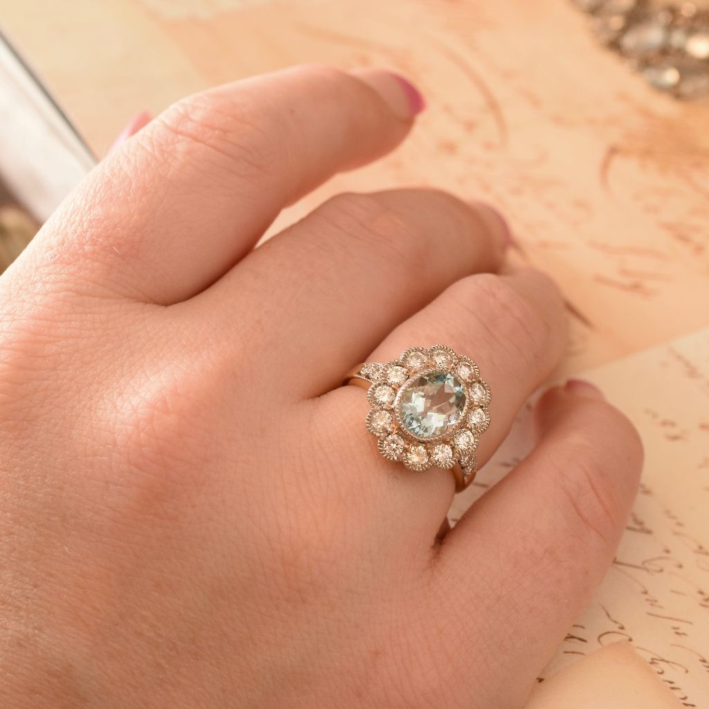 Modern 18ct Yellow Gold Aquamarine Diamond Halo Ring