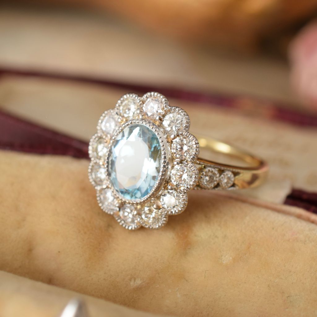 Modern 18ct Yellow Gold Aquamarine Diamond Halo Ring