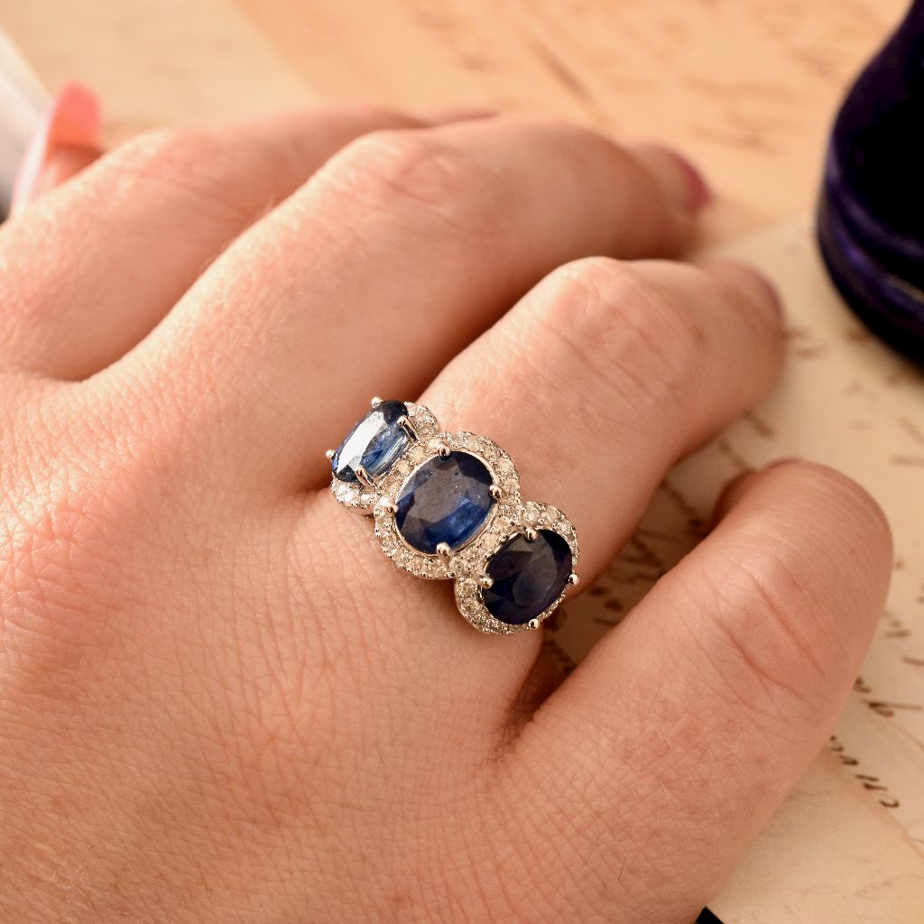 Modern 18ct White Gold Sapphire Diamond Ring