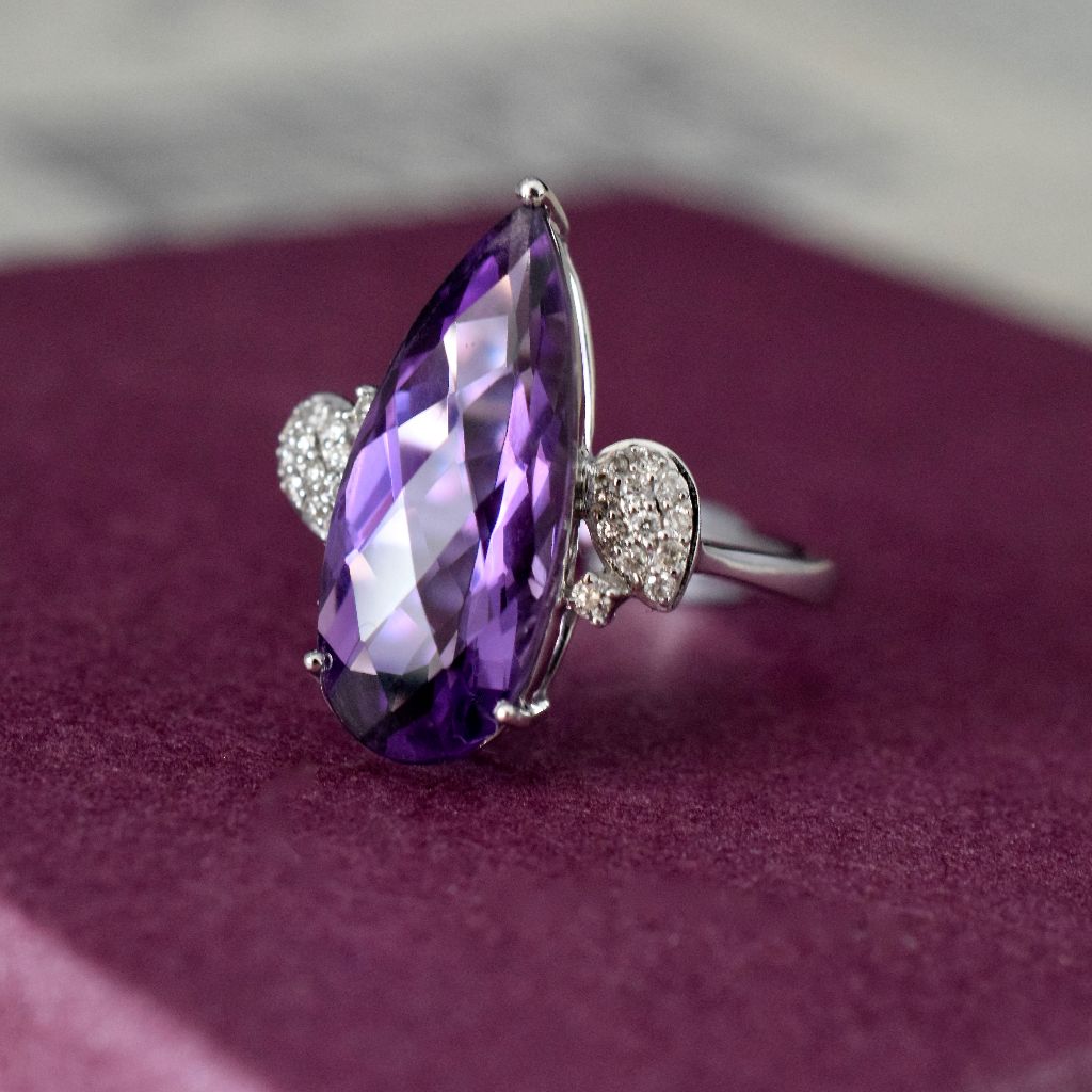 Modern 18ct White Gold Pear Cut Amethyst Diamond Ring