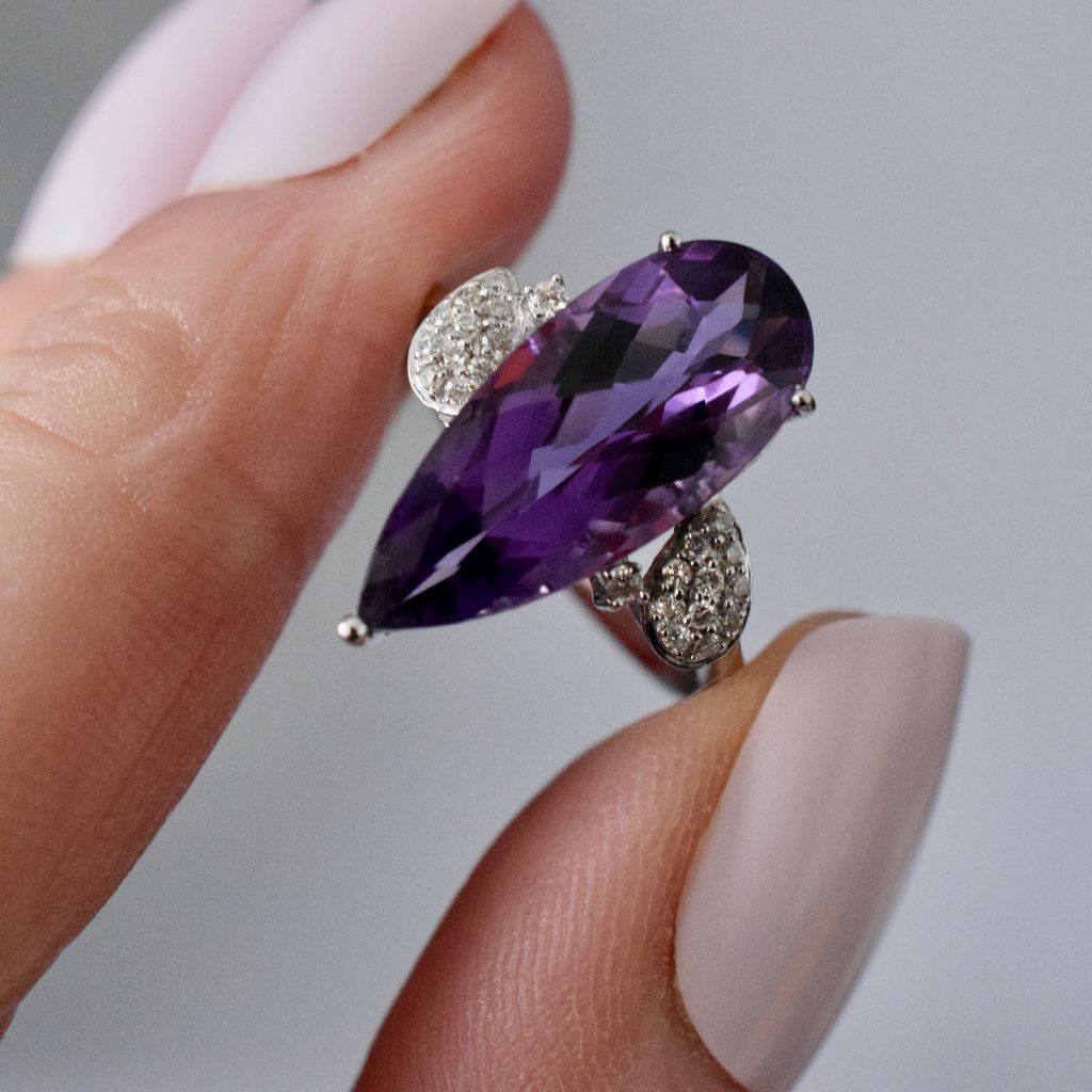 Modern 18ct White Gold Pear Cut Amethyst Diamond Ring