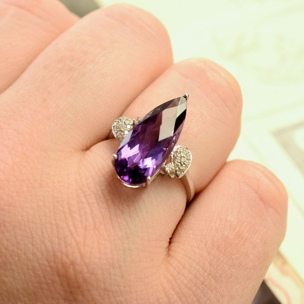 Modern 18ct White Gold Pear Cut Amethyst Diamond Ring