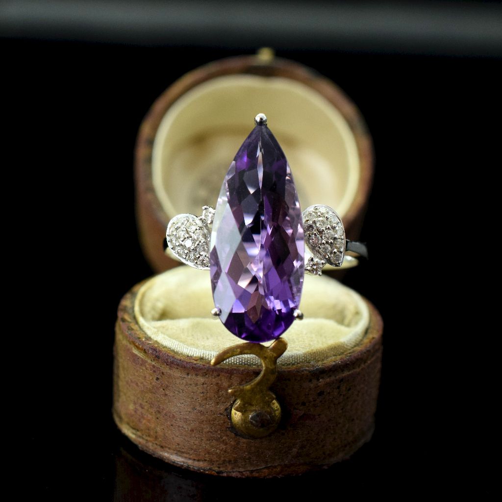 Modern 18ct White Gold Pear Cut Amethyst Diamond Ring