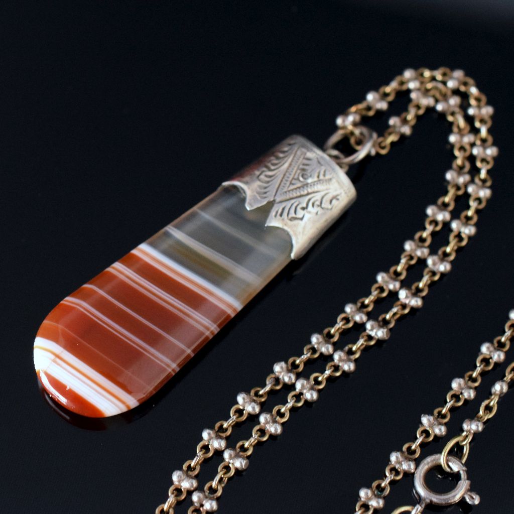 Antique Sterling Silver Banded Agate Fob Pendant Circa 1900