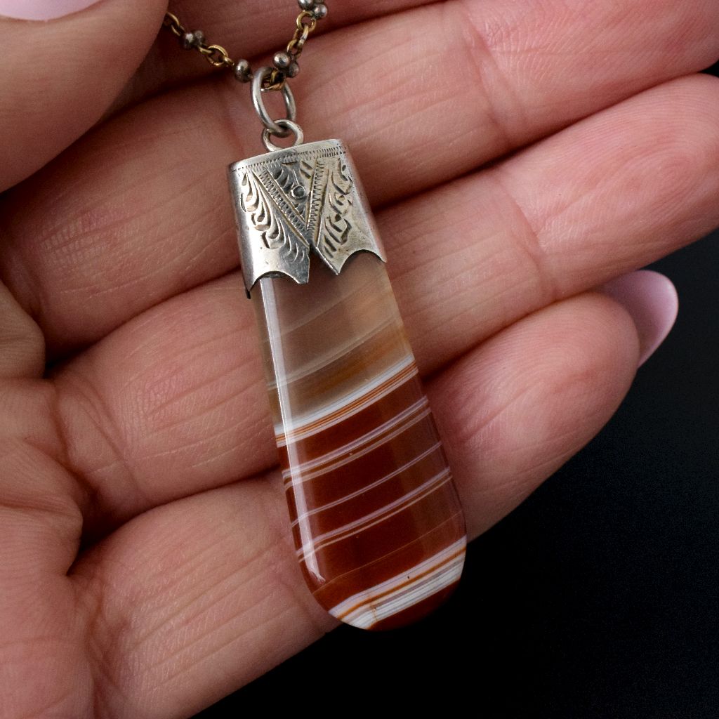 Antique Sterling Silver Banded Agate Fob Pendant Circa 1900