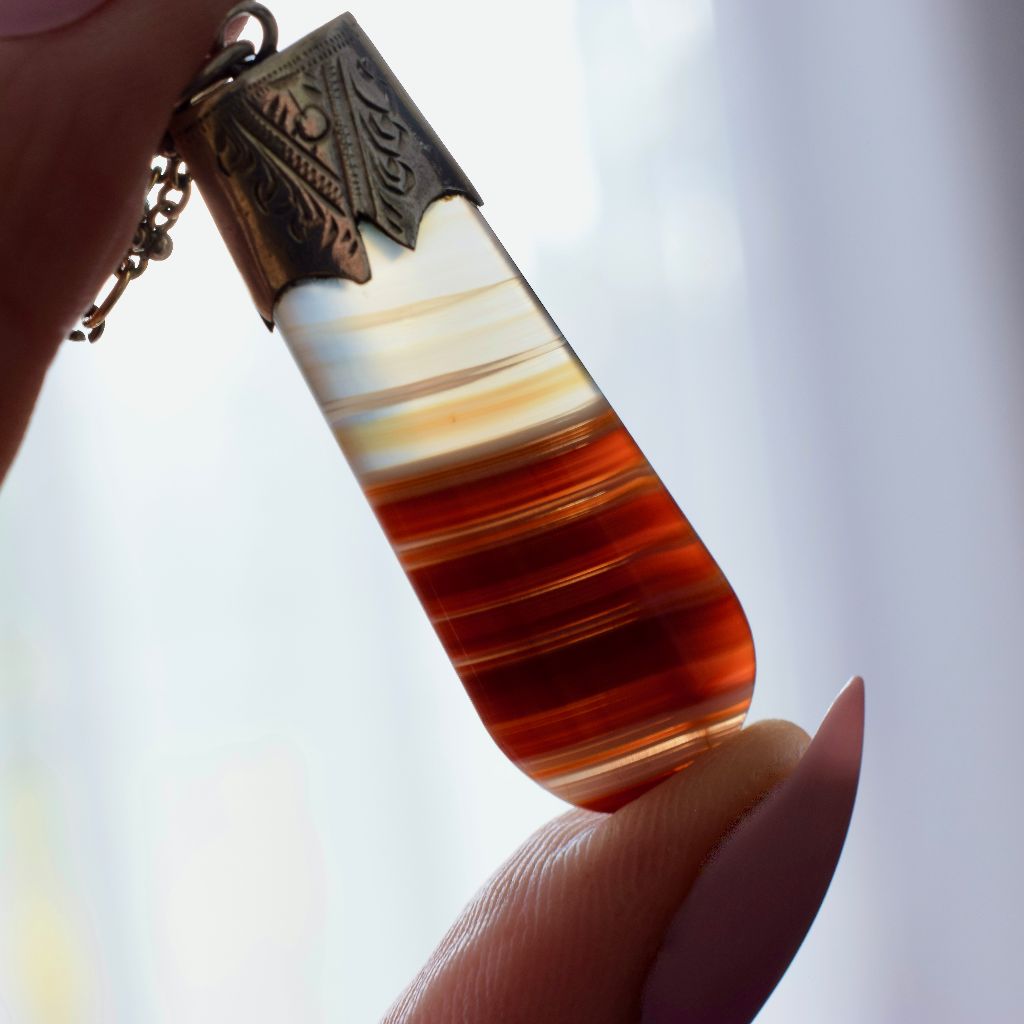 Antique Sterling Silver Banded Agate Fob Pendant Circa 1900