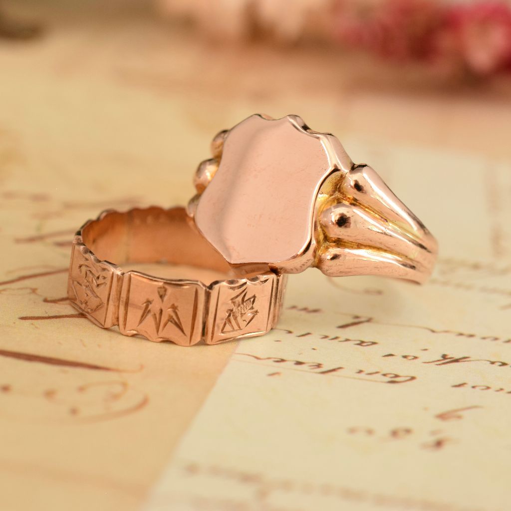 Antique 9ct Rose Gold Shield Ring Hallmarks For Birmingham 1918
