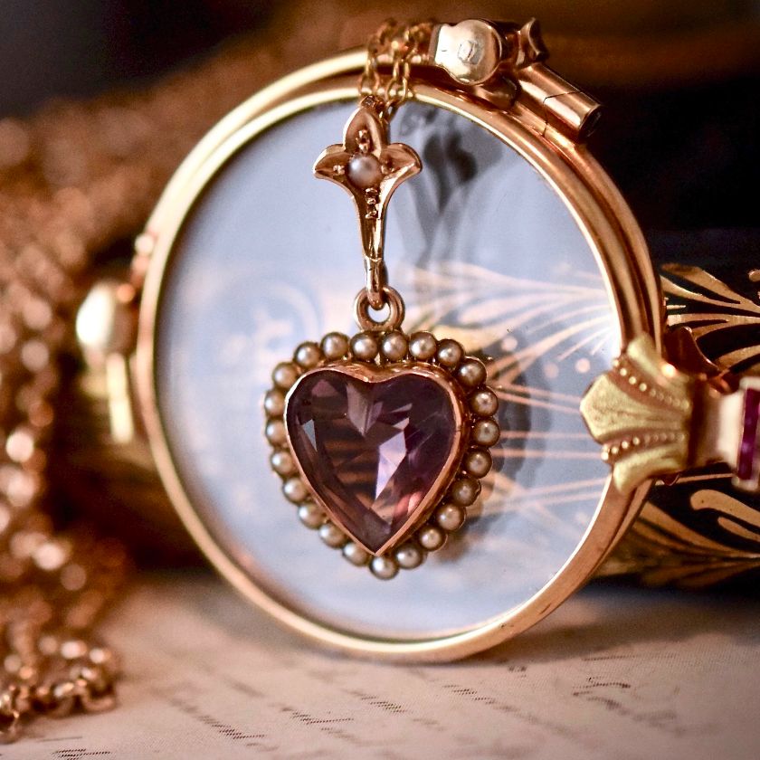 Victorian Carved Natural Amethyst Seed Pearl 9ct Gold Pendant