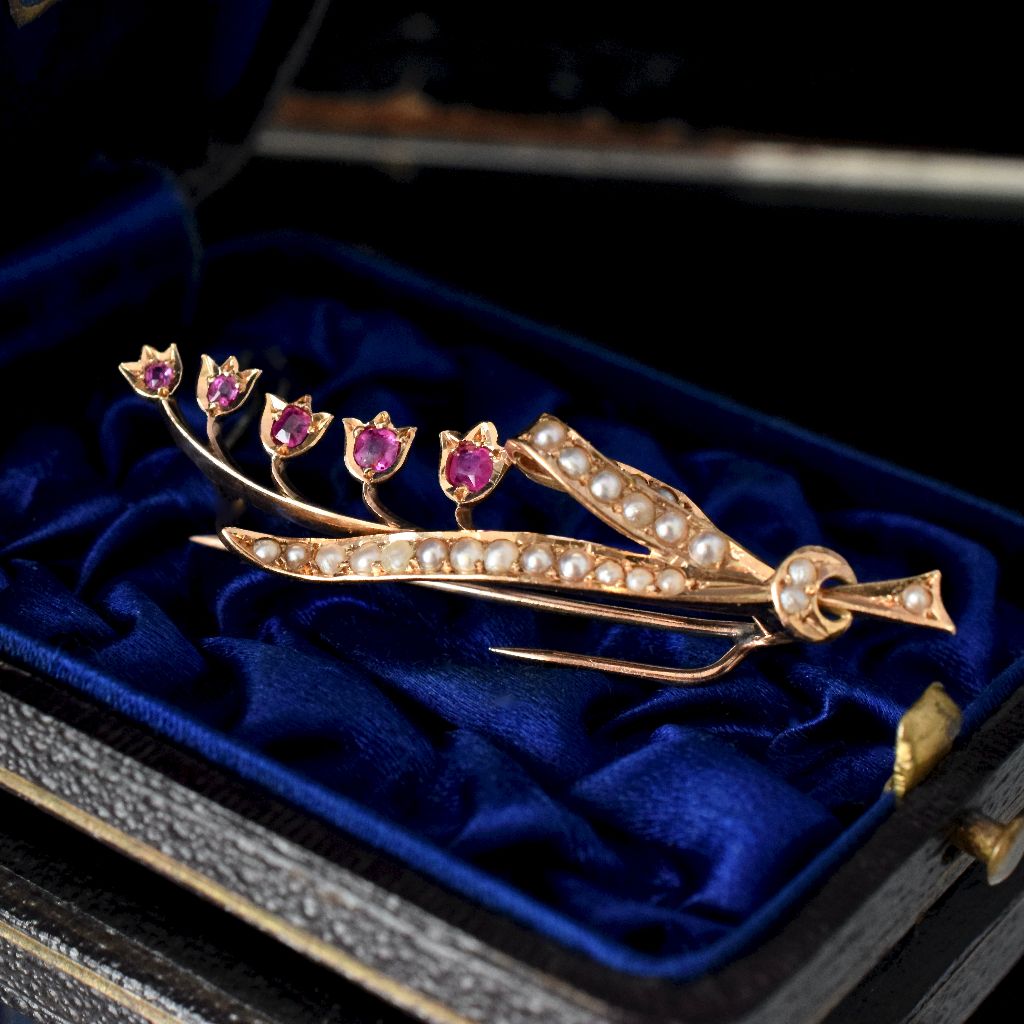 Antique Australian 15ct Natural Ruby Seed Pearl Brooch Circa 1915