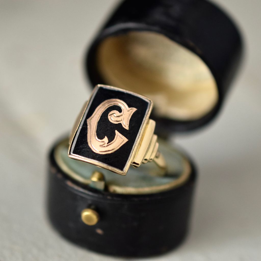 Art Deco 9ct Yellow Gold ‘C’ Monogram Onyx Ring