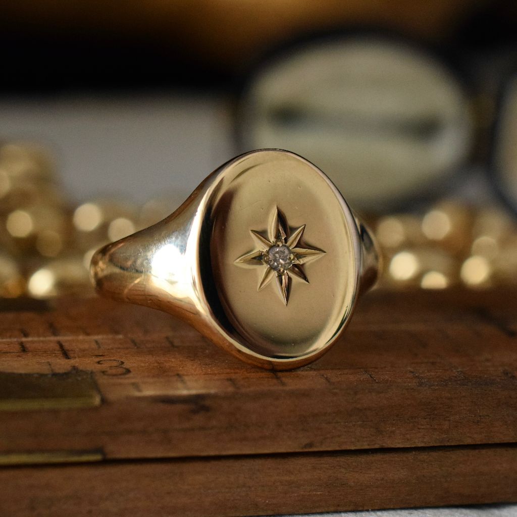 Vintage 9ct Yellow Gold Diamond Signet Ring 1977