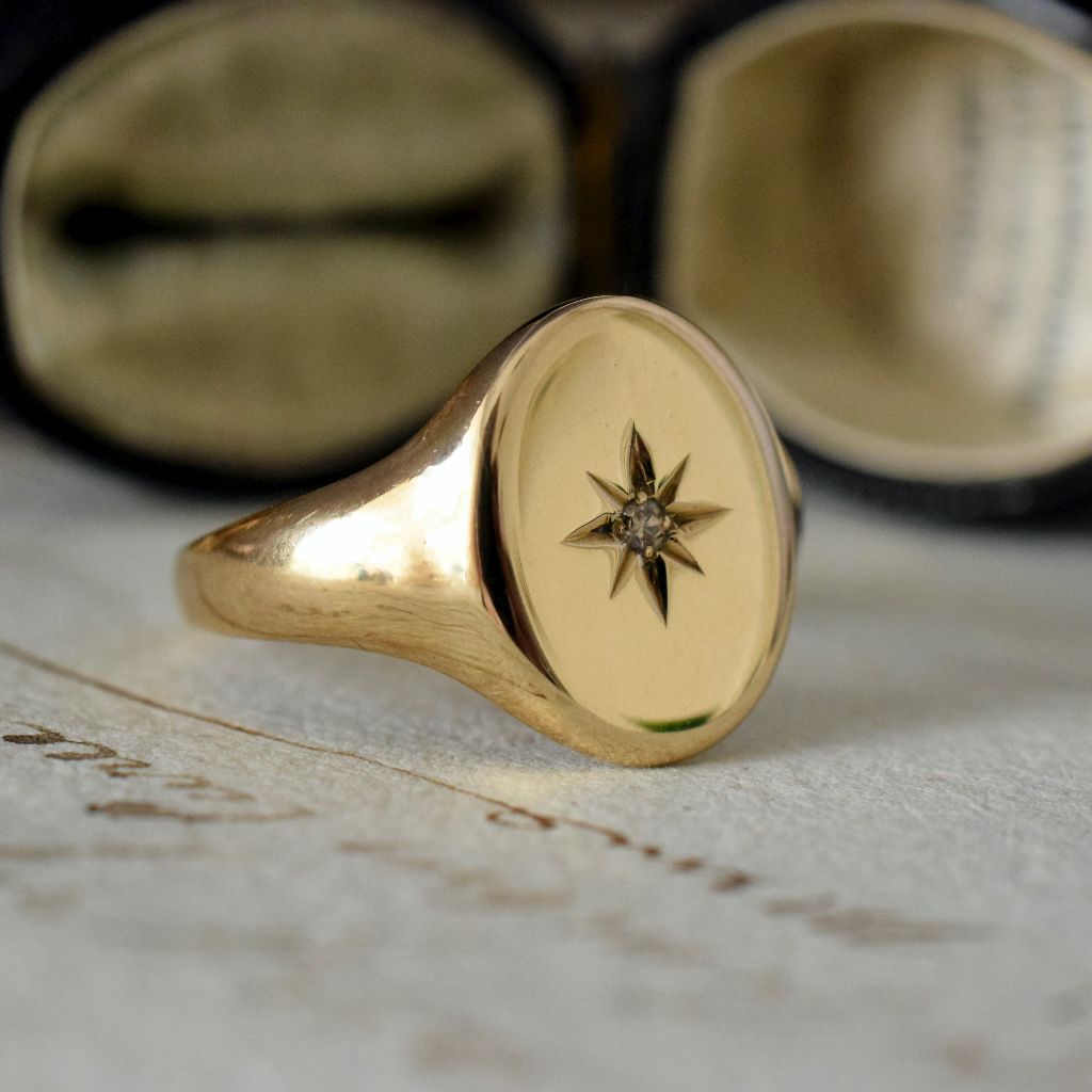 Vintage 9ct Yellow Gold Diamond Signet Ring 1977