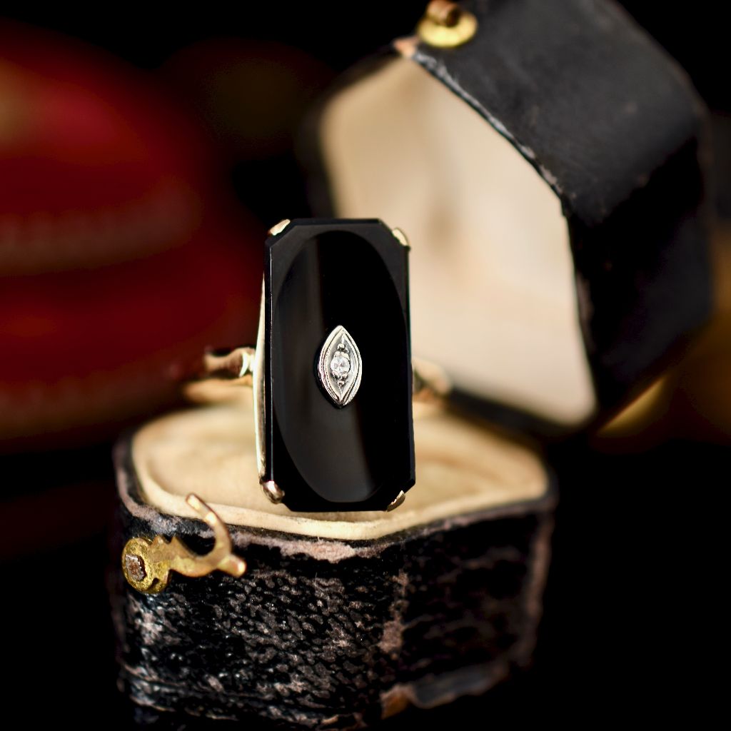 Art Deco 10k Yellow Gold Onyx Diamond ring Circa 1930’s