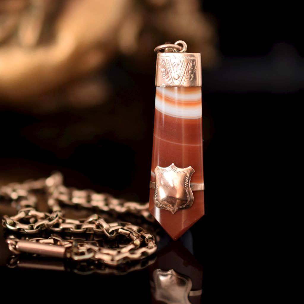 Antique Victorian 9ct Rose Gold Banded Agate Fob Pendant Circa 1900