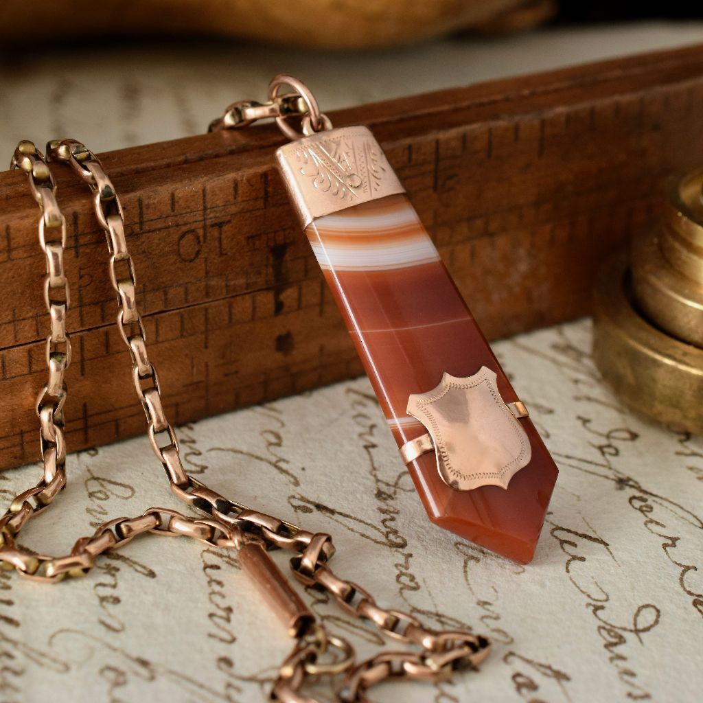 Antique Victorian 9ct Rose Gold Banded Agate Fob Pendant Circa 1900