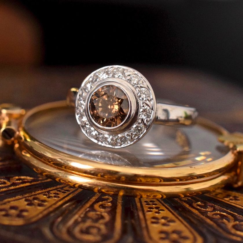 Magnificent 1.0ct Natural Fancy Cognac C5 Diamond Halo 18ct White Gold Ring Valuation $12,620.00