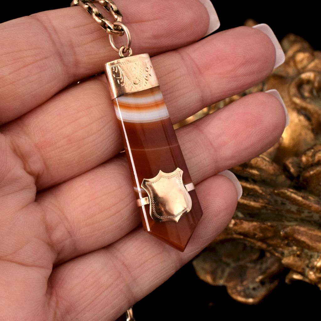 Antique Victorian 9ct Rose Gold Banded Agate Fob Pendant Circa 1900
