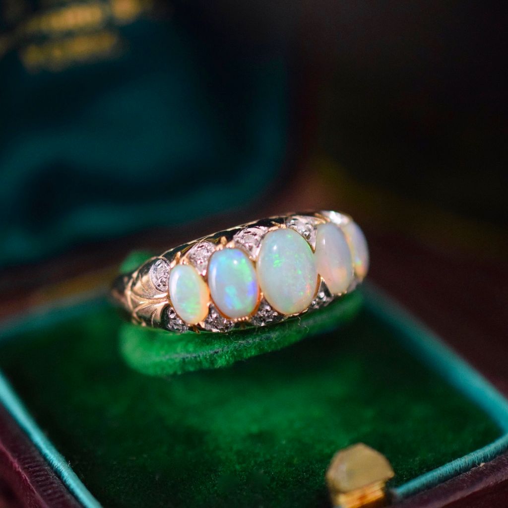 Stunning Five Stone Opal And Diamond 9ct Yellow Gold Ring