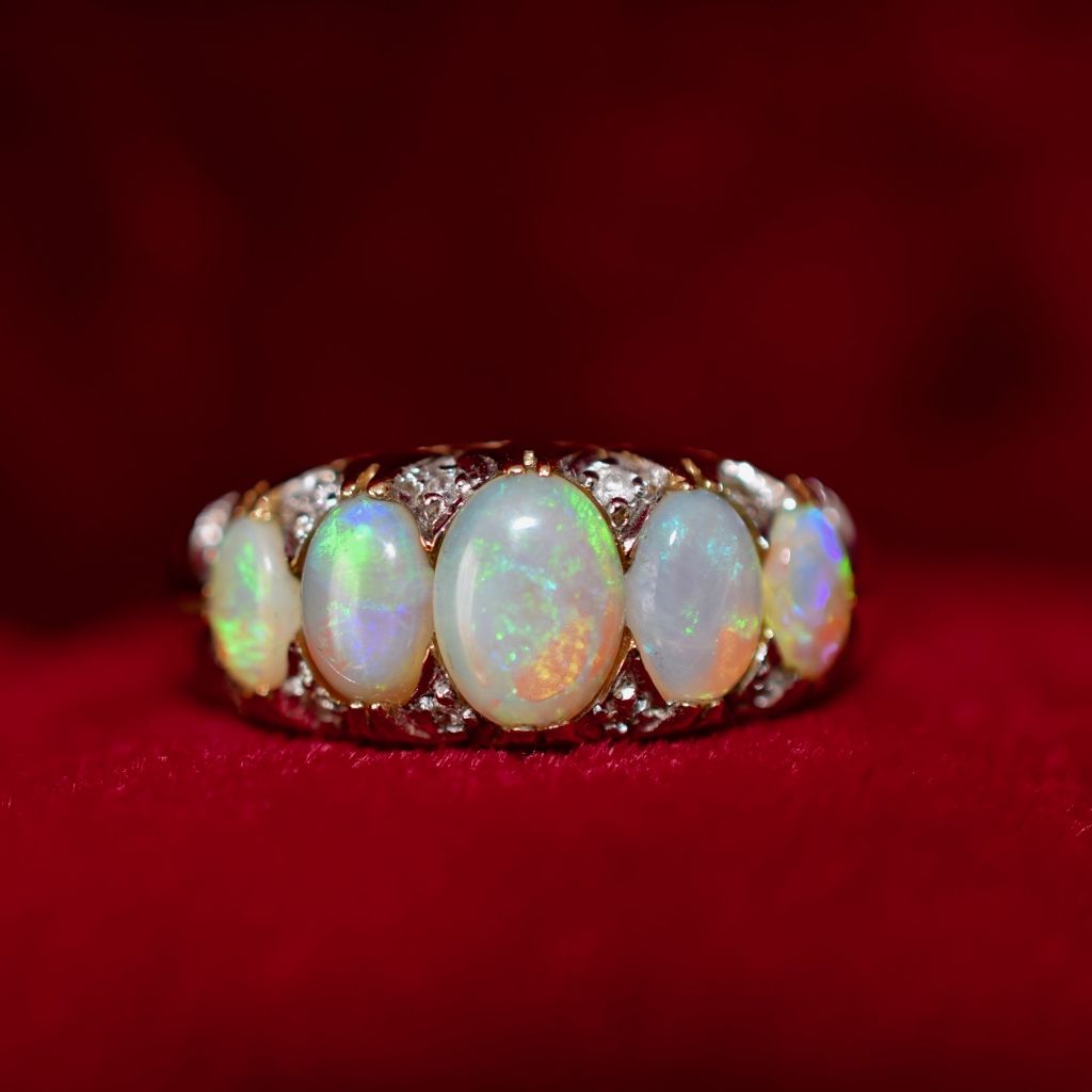 Stunning Five Stone Opal And Diamond 9ct Yellow Gold Ring